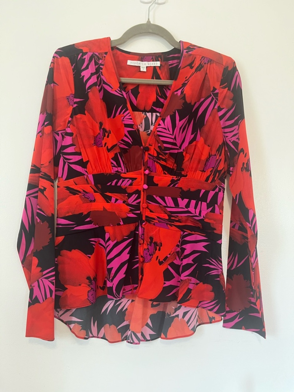 Veronica Beard Red & Pink Floral Button-Front Long-Sleeve Blouse
